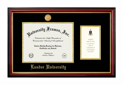 Lander University Diploma with Announcement Frame in Petite Mahogany with Gold Trim with Black & Gold Mats for document: 8 1/2"h x 11"w  , diploma: 7"h x 4"w  