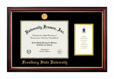 Frostburg State University Diploma with Announcement Frame in Petite Mahogany with Gold Trim with Black & Gold Mats for DOCUMENT: 8 1/2"H X 11"W  ,  7"H X 4"W  