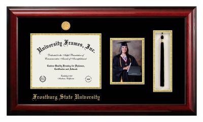 Frostburg State University Diploma with 5 x 7 Portrait & Tassel Box Frame in Classic Mahogany with Black & Gold Mats for document: 8 1/2"h x 11"w  