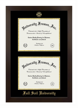 Full Sail University Double Degree (Stacked) Frame in Manhattan Espresso with Black & Gold Mats for DOCUMENT: 8 1/2"H X 11"W  , DOCUMENT: 8 1/2"H X 11"W  