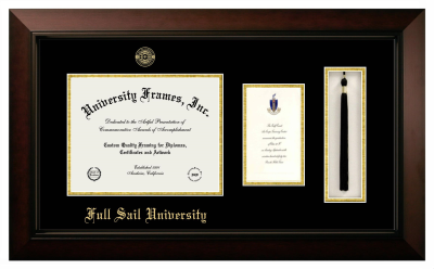 Full Sail University Diploma with Announcement & Tassel Box Frame in Legacy Black Cherry with Black & Gold Mats for document: 8 1/2"h x 11"w  , diploma: 7"h x 4"w  