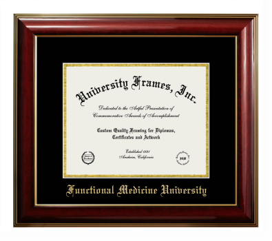 Functional Medicine University Diploma Frame in Classic Mahogany with Gold Trim with Black & Gold Mats for document: 8 1/2"h x 11"w  