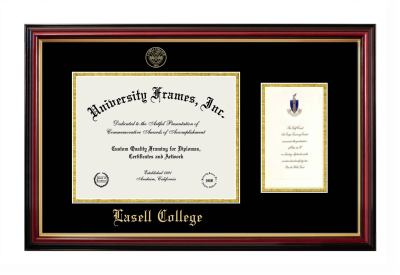 Lasell College Diploma with Announcement Frame in Petite Mahogany with Gold Trim with Black & Gold Mats for document: 8 1/2"h x 11"w  , diploma: 7"h x 4"w  