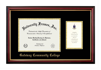 Gateway Community College (CT) Diploma with Announcement Frame in Petite Mahogany with Gold Trim with Black & Gold Mats for document: 8 1/2"h x 11"w  , diploma: 7"h x 4"w  