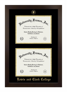 Lewis and Clark College Double Degree (Stacked) Frame in Manhattan Espresso with Black & Gold Mats for document: 8 1/2"h x 11"w  , document: 8 1/2"h x 11"w  