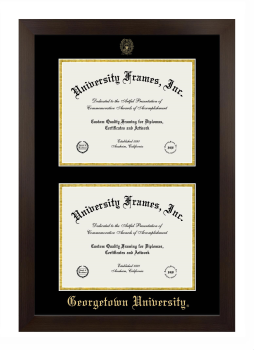 Georgetown University Double Degree (Stacked) Frame in Manhattan Espresso with Black & Gold Mats for DOCUMENT: 8 1/2"H X 11"W  , DOCUMENT: 8 1/2"H X 11"W  