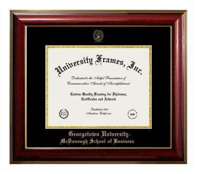 Georgetown University McDonough School of Business Diploma Frame in Classic Mahogany with Gold Trim with Black & Gold Mats for DOCUMENT: 8 1/2"H X 11"W  