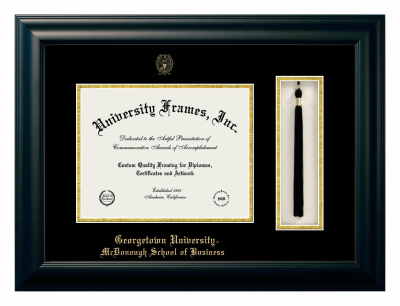 Georgetown University McDonough School of Business Diploma with Tassel Box Frame in Satin Black with Black & Gold Mats for DOCUMENT: 8 1/2"H X 11"W  