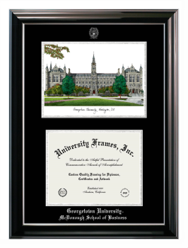 Georgetown University McDonough School of Business Double Opening with Campus Image (Stacked) Frame in Classic Ebony with Silver Trim with Black & Silver Mats for document: 8 1/2"h x 11"w  