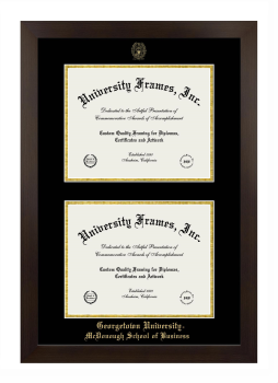 Georgetown University McDonough School of Business Double Degree (Stacked) Frame in Manhattan Espresso with Black & Gold Mats for document: 8 1/2"h x 11"w  , document: 8 1/2"h x 11"w  