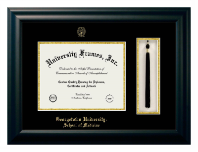 Georgetown University School of Medicine Diploma with Tassel Box Frame in Satin Black with Black & Gold Mats for DOCUMENT: 8 1/2"H X 11"W  