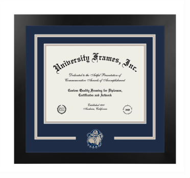 Logo Mat Frame in Manhattan Black with Navy Blue & Pearl Mats for DOCUMENT: 8 1/2"H X 11"W  