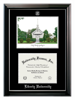 Liberty University Double Opening with Campus Image (Stacked) Frame in Classic Ebony with Silver Trim with Black & Silver Mats for document: 8 1/2"h x 11"w  