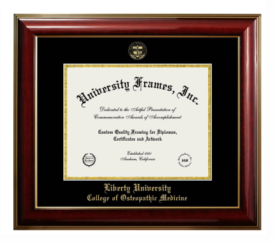 Liberty University College of Osteopathic Medicine Diploma Frame in Classic Mahogany with Gold Trim with Black & Gold Mats for DOCUMENT: 8 1/2"H X 11"W  