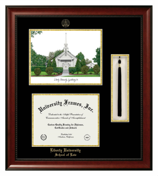Liberty University School of Law Double Opening with Campus Image & Tassel Box (Stacked) Frame in Avalon Mahogany with Black & Gold Mats for document: 8 1/2"h x 11"w  
