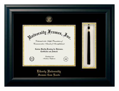 Liberty University Summa Cum Laude Diploma with Tassel Box Frame in Satin Black with Black & Gold Mats for document: 8 1/2"h x 11"w  
