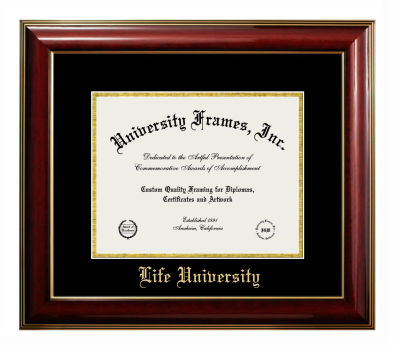 Life University Diploma Frame in Classic Mahogany with Gold Trim with Black & Gold Mats for DOCUMENT: 8 1/2"H X 11"W  