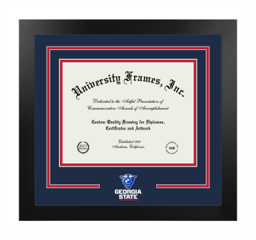 Georgia State University Logo Mat Frame in Manhattan Black with Navy Blue & Red Mats for DOCUMENT: 8 1/2"H X 11"W  