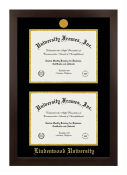 Lindenwood University (Belleville, IL) Double Degree (Stacked) Frame in Manhattan Espresso with Black & Gold Mats for document: 8 1/2"h x 11"w  , document: 8 1/2"h x 11"w  