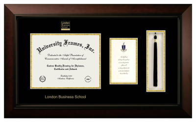 London Business School Diploma with Announcement & Tassel Box Frame in Legacy Black Cherry with Black & Gold Mats for document: 8 1/2"h x 11"w  , diploma: 7"h x 4"w  