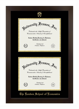 London School of Economics Double Degree (Stacked) Frame in Manhattan Espresso with Black & Gold Mats for DOCUMENT: 8 1/2"H X 11"W  , DOCUMENT: 8 1/2"H X 11"W  