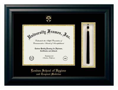 London School of Hygiene and Tropical Medicine Diploma with Tassel Box Frame in Satin Black with Black & Gold Mats for document: 8 1/2"h x 11"w  