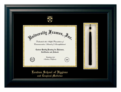 London School of Hygiene and Tropical Medicine Diploma with Tassel Box Frame in Satin Black with Black & Gold Mats for DOCUMENT: 8 1/2"H X 11"W  