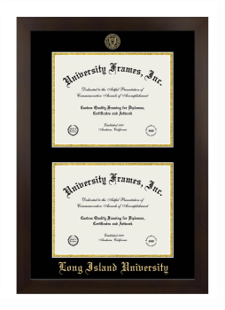 Long Island University Double Degree (Stacked) Frame in Manhattan Espresso with Black & Gold Mats for document: 8 1/2"h x 11"w  , document: 8 1/2"h x 11"w  