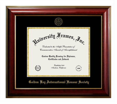 Golden Key International Honour Society Diploma Frame in Classic Mahogany with Gold Trim with Black & Gold Mats for DOCUMENT: 8 1/2"H X 11"W  