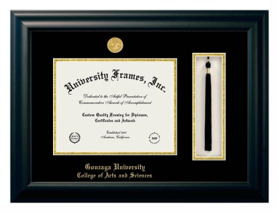 Gonzaga University College of Arts and Sciences Diploma with Tassel Box Frame in Satin Black with Black & Gold Mats for DOCUMENT: 8 1/2"H X 11"W  