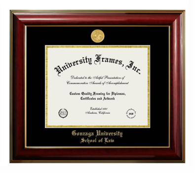 Gonzaga University School of Law Diploma Frame in Classic Mahogany with Gold Trim with Black & Gold Mats for document: 8 1/2"h x 11"w  