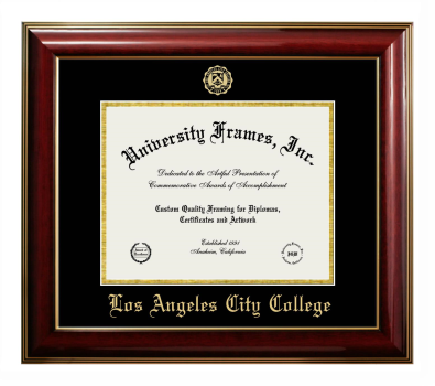 Los Angeles City College Diploma Frame in Classic Mahogany with Gold Trim with Black & Gold Mats for document: 8 1/2"h x 11"w  