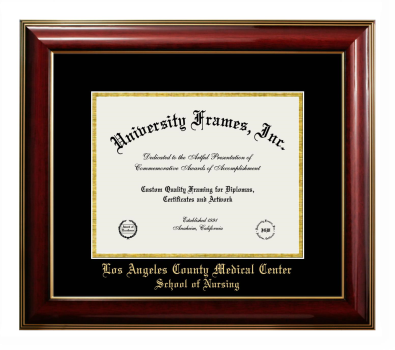Los Angeles County Medical Center School of Nursing Diploma Frame in Classic Mahogany with Gold Trim with Black & Gold Mats for DOCUMENT: 8 1/2"H X 11"W  