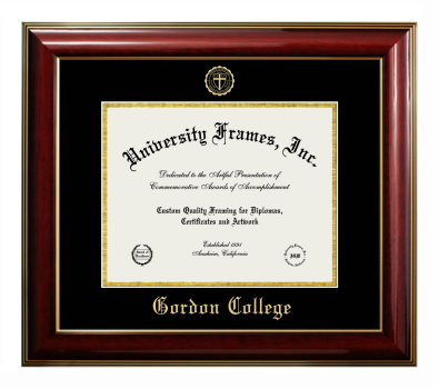 Gordon College Diploma Frame in Classic Mahogany with Gold Trim with Black & Gold Mats for DOCUMENT: 8 1/2"H X 11"W  
