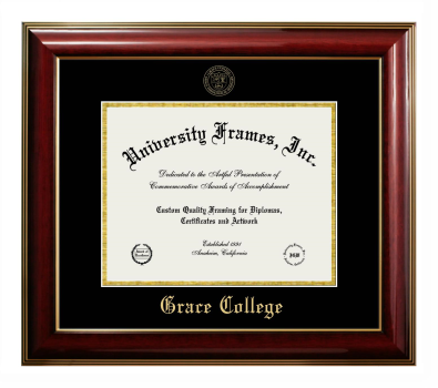Grace College Diploma Frame in Classic Mahogany with Gold Trim with Black & Gold Mats for DOCUMENT: 8 1/2"H X 11"W  
