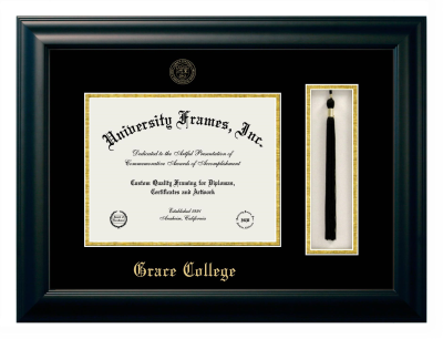 Grace College Diploma with Tassel Box Frame in Satin Black with Black & Gold Mats for document: 8 1/2"h x 11"w  
