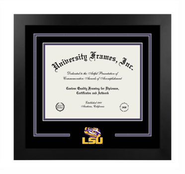 Louisiana State University College of Arts & Sciences Logo Mat Frame in Manhattan Black with Black & Purple Mats for document: 8 1/2"h x 11"w  