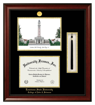 Louisiana State University College of Arts & Sciences Double Opening with Campus Image & Tassel Box (Stacked) Frame in Avalon Mahogany with Black & Gold Mats for document: 8 1/2"h x 11"w  