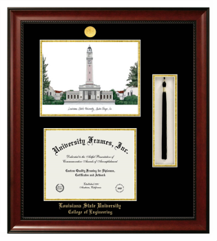 Louisiana State University College of Engineering Double Opening with Campus Image & Tassel Box (Stacked) Frame in Avalon Mahogany with Black & Gold Mats for document: 8 1/2"h x 11"w  