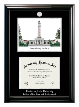 Louisiana State University College of the Coast and Environment Double Opening with Campus Image (Stacked) Frame in Classic Ebony with Silver Trim with Black & Silver Mats for document: 8 1/2"h x 11"w  