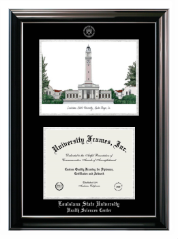 Louisiana State University Health Sciences Center Double Opening with Campus Image (Stacked) Frame in Classic Ebony with Silver Trim with Black & Silver Mats for document: 8 1/2"h x 11"w  