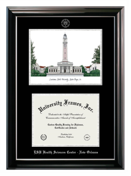 Louisiana State University Health Sciences Center - New Orleans Double Opening with Campus Image (Stacked) Frame in Classic Ebony with Silver Trim with Black & Silver Mats for document: 8 1/2"h x 11"w  