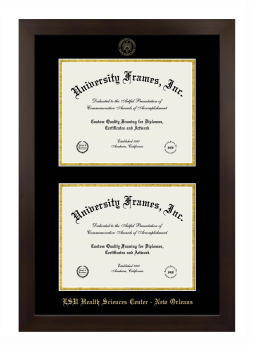 Louisiana State University Health Sciences Center - New Orleans Double Degree (Stacked) Frame in Manhattan Espresso with Black & Gold Mats for document: 8 1/2"h x 11"w  , document: 8 1/2"h x 11"w  