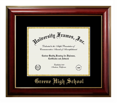 Greene High School Diploma Frame in Classic Mahogany with Gold Trim with Black & Gold Mats for DOCUMENT: 8 1/2"H X 11"W  