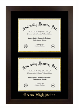 Greene High School Double Degree (Stacked) Frame in Manhattan Espresso with Black & Gold Mats for document: 8 1/2"h x 11"w  , document: 8 1/2"h x 11"w  