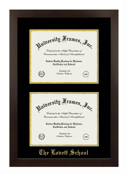 Lovett School Double Degree (Stacked) Frame in Manhattan Espresso with Black & Gold Mats for document: 8 1/2"h x 11"w  , document: 8 1/2"h x 11"w  