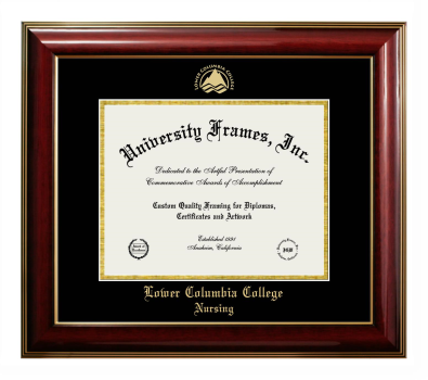 Lower Columbia College Nursing Diploma Frame in Classic Mahogany with Gold Trim with Black & Gold Mats for DOCUMENT: 8 1/2"H X 11"W  