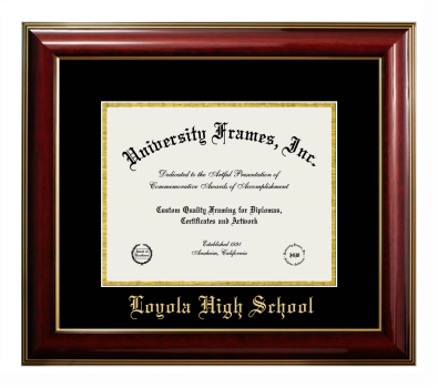 Loyola High School Diploma Frame in Classic Mahogany with Gold Trim with Black & Gold Mats for DOCUMENT: 8 1/2"H X 11"W  