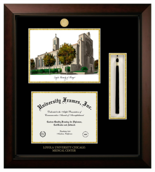 Loyola University Chicago Medical Center Double Opening with Campus Image & Tassel Box (Stacked) Frame in Legacy Black Cherry with Black & Gold Mats for document: 8 1/2"h x 11"w  