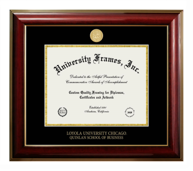 Loyola University Chicago Quinlan School of Business Diploma Frame in Classic Mahogany with Gold Trim with Black & Gold Mats for document: 8 1/2"h x 11"w  